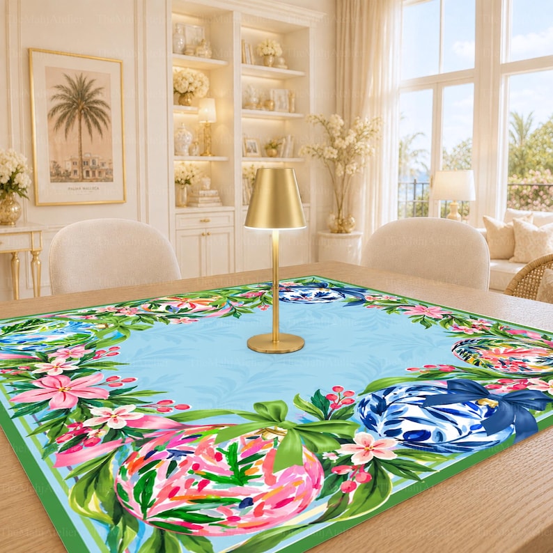 Chinoiserie Porcelain-Style Baubles Mahjong Mat, Pink Blossom Botanical Christmas Game Mat