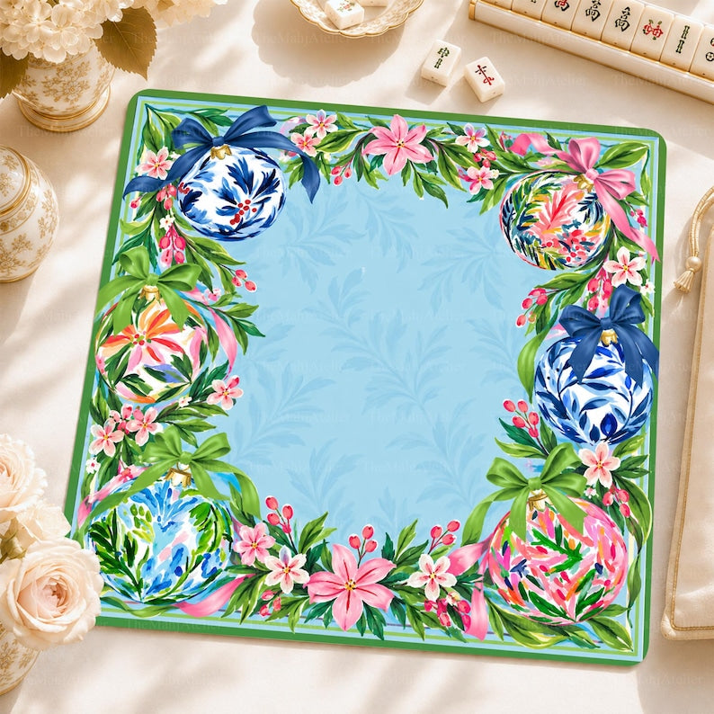 Chinoiserie Porcelain-Style Baubles Mahjong Mat, Pink Blossom Botanical Christmas Game Mat