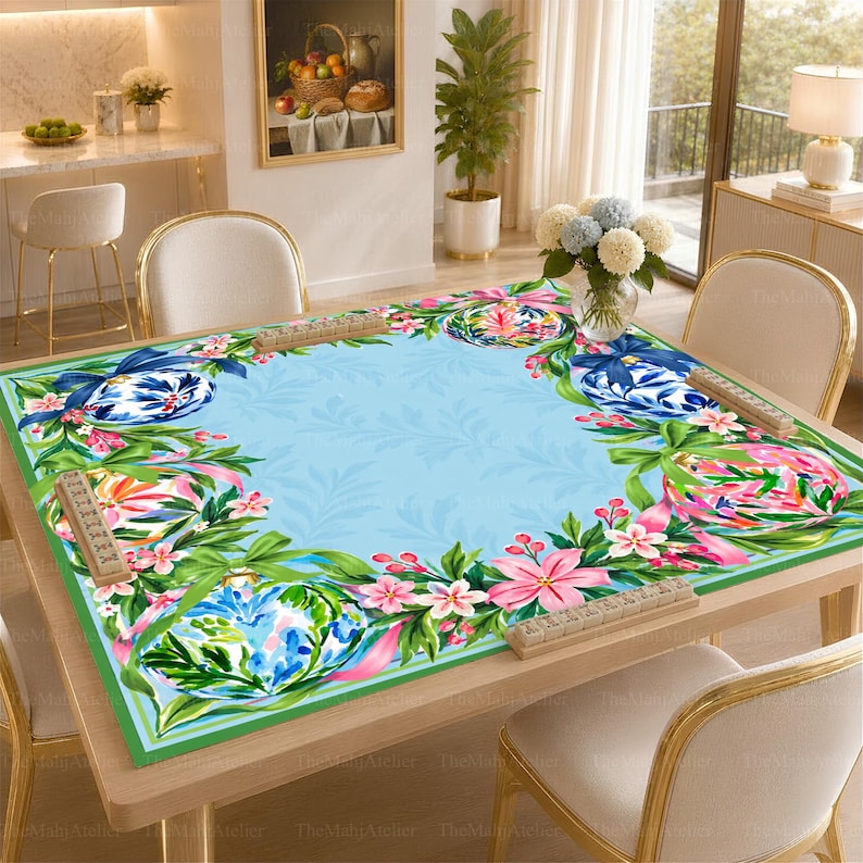 Chinoiserie Porcelain-Style Baubles Mahjong Mat, Pink Blossom Botanical Christmas Game Mat