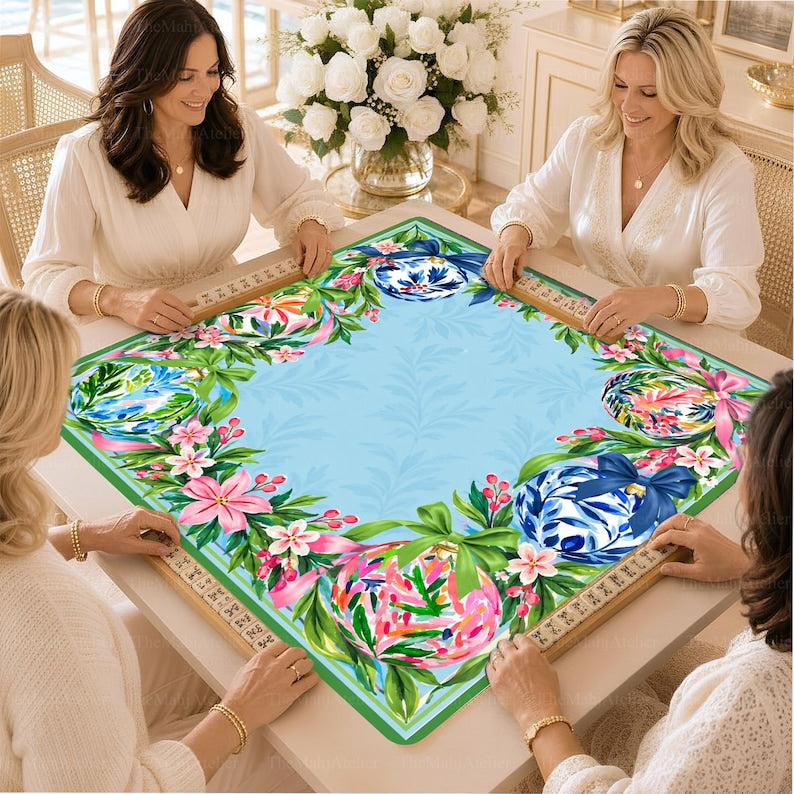 Chinoiserie Porcelain-Style Baubles Mahjong Mat, Pink Blossom Botanical Christmas Game Mat