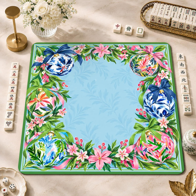 Chinoiserie Porcelain-Style Baubles Mahjong Mat, Pink Blossom Botanical Christmas Game Mat