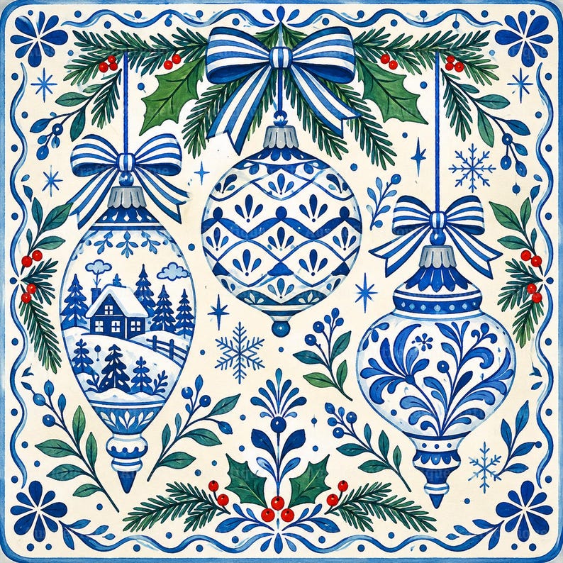 Personalized Blue Christmas Mahjong Mat, Chinoiserie Ornament Table Cover, Winter Holiday Game Night Decor