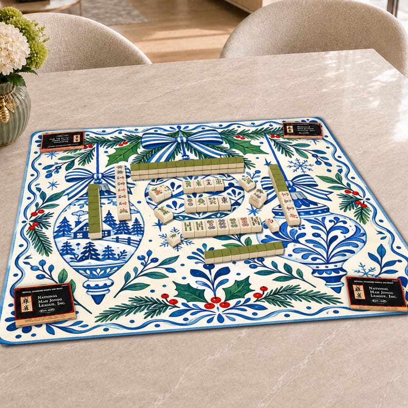 Personalized Blue Christmas Mahjong Mat, Chinoiserie Ornament Table Cover, Winter Holiday Game Night Decor