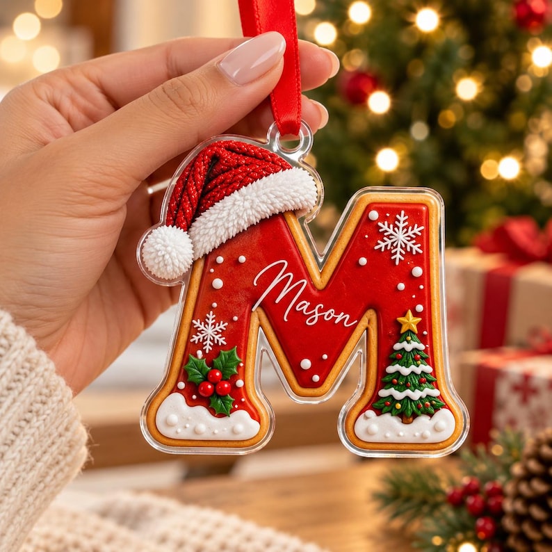 Personalized Gingerbread Kid Christmas Ornament, Custom Name, Initial