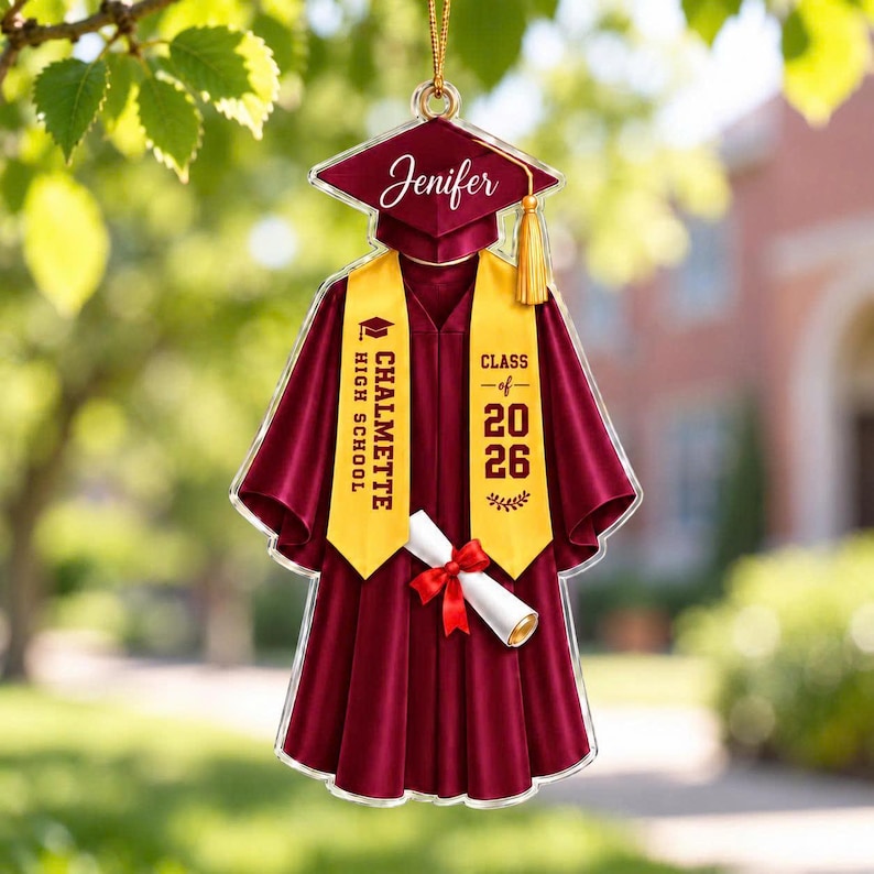 Personalized Graduation Christmas Ornament, Custom Name School Name Gown Keepsake, Class Senior Graduate Gift