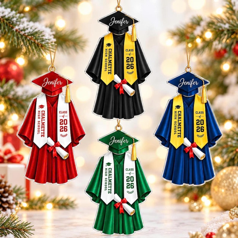 Personalized Graduation Christmas Ornament, Custom Name School Name Gown Keepsake, Class Senior Graduate Gift