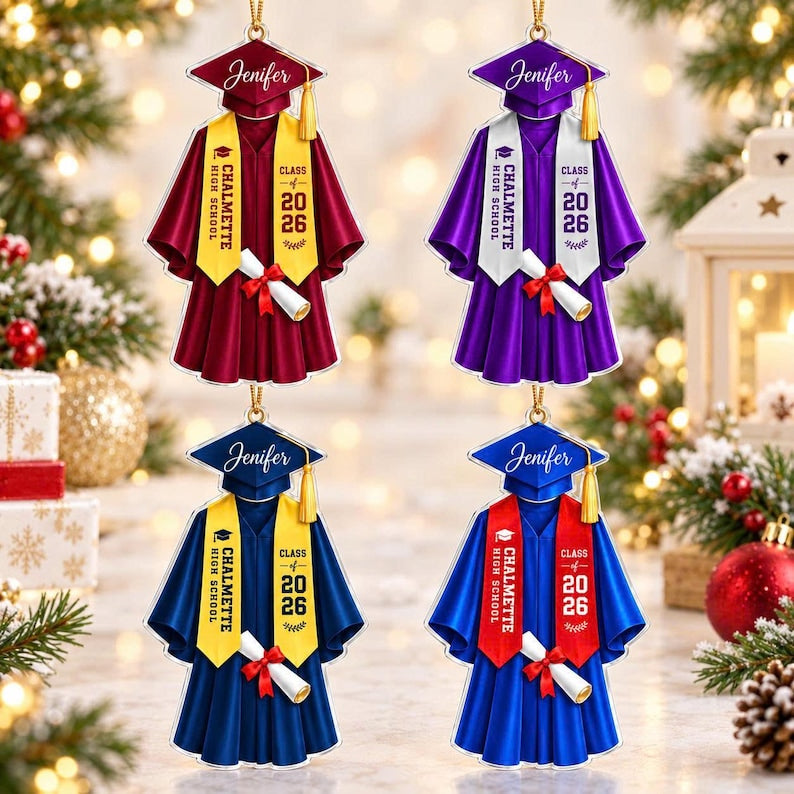 Personalized Graduation Christmas Ornament, Custom Name School Name Gown Keepsake, Class Senior Graduate Gift