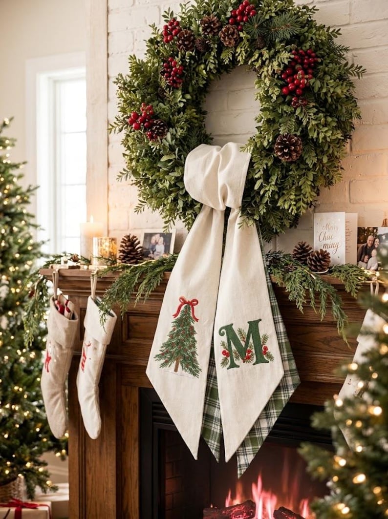 Personalized Christmas Tree Embroidered Monogram Holiday Sash with Plaid Backing, Front Door Decor