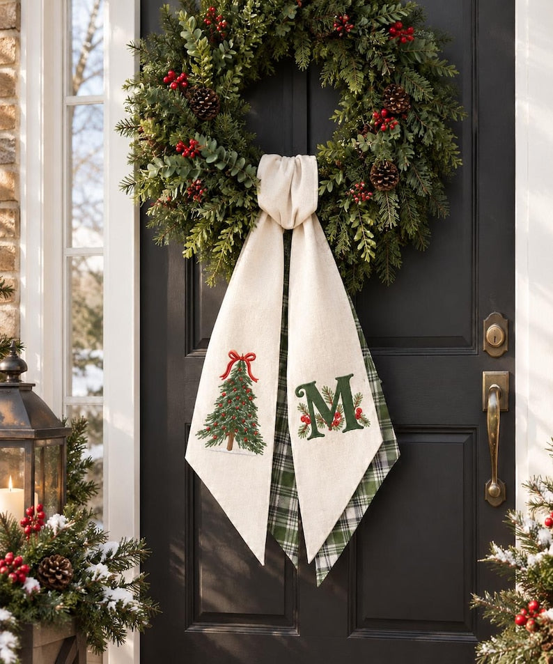 Personalized Christmas Tree Embroidered Monogram Holiday Sash with Plaid Backing, Front Door Decor