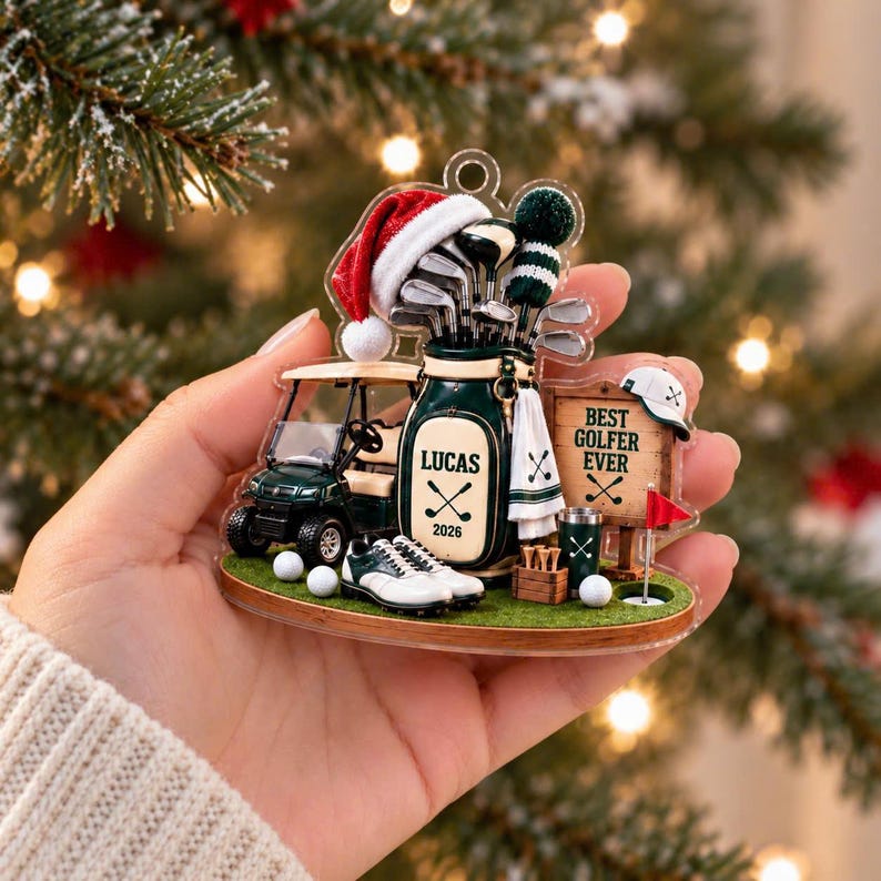 Personalized Golf Bag Ornament, Golfer Acrylic Xmas Tree Decor, Custom Name Golf Lover Christmas Gift