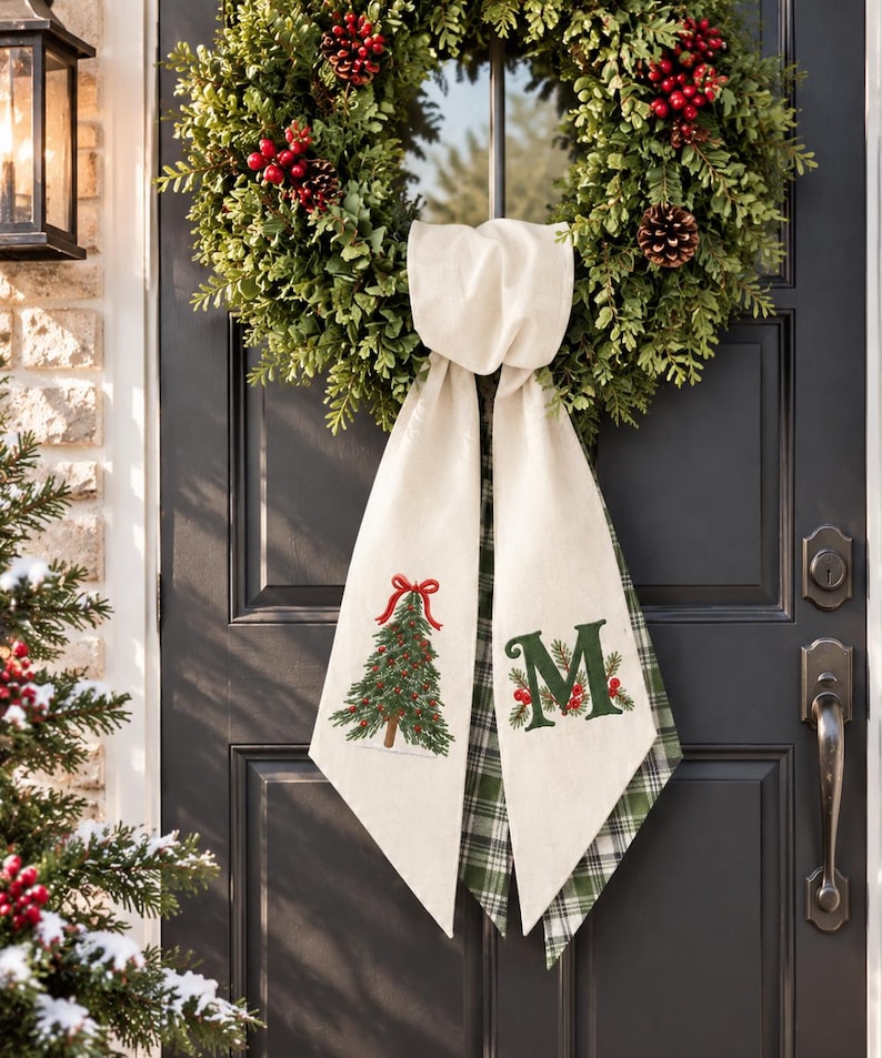 Personalized Christmas Tree Embroidered Monogram Holiday Sash with Plaid Backing, Front Door Decor
