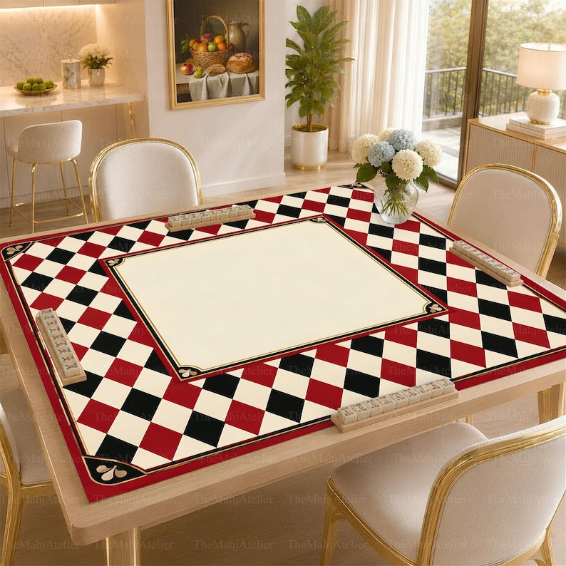 Vintage Red Harlequin Mahjong Mat, Black & Ivory Diamond Check Game Mat, Chic Art Deco Mahjong Gift