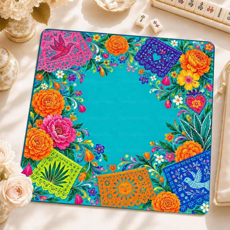 Day of the Dead Mahjong Mat, Turquoise Papel Picado & Marigold Game Mat, Mexican Fiesta Mahjong Gift
