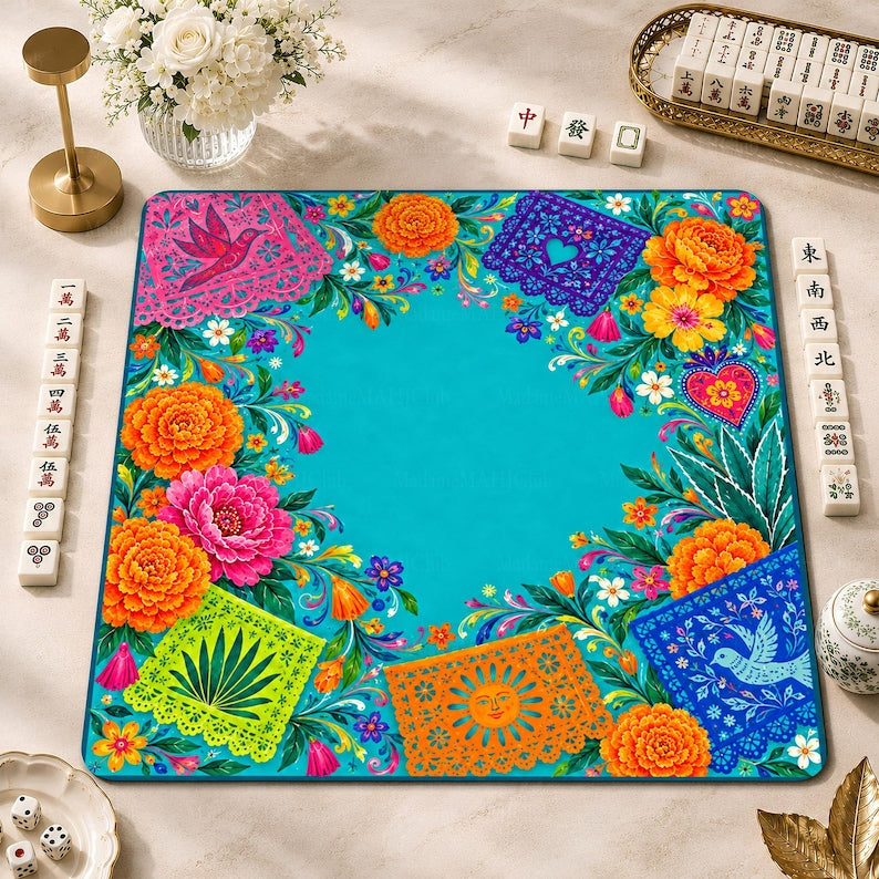 Day of the Dead Mahjong Mat, Turquoise Papel Picado & Marigold Game Mat, Mexican Fiesta Mahjong Gift