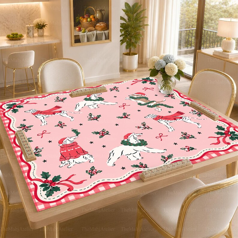 Preppy Pink Christmas Dogs Mahjong Mat, Dalmatian & Holiday Pups Game Mat, Festive Mahjong Club Gift