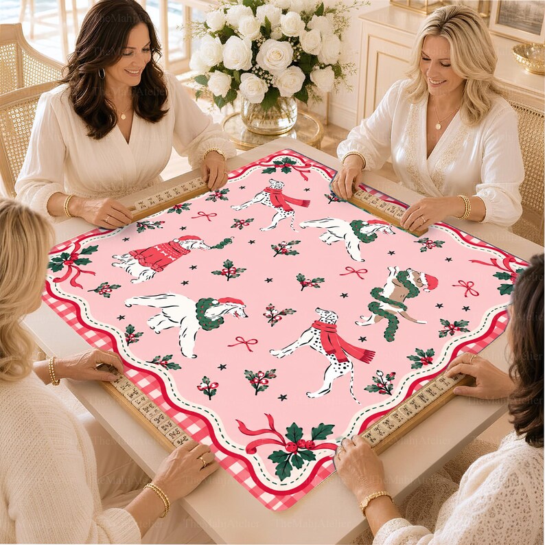Preppy Pink Christmas Dogs Mahjong Mat, Dalmatian & Holiday Pups Game Mat, Festive Mahjong Club Gift