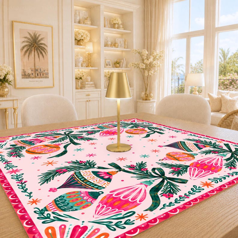 Retro Pink Christmas Ornaments Mahjong Mat, Colorful Baubles & Pine Game Mat, Holiday Mahjong Gift