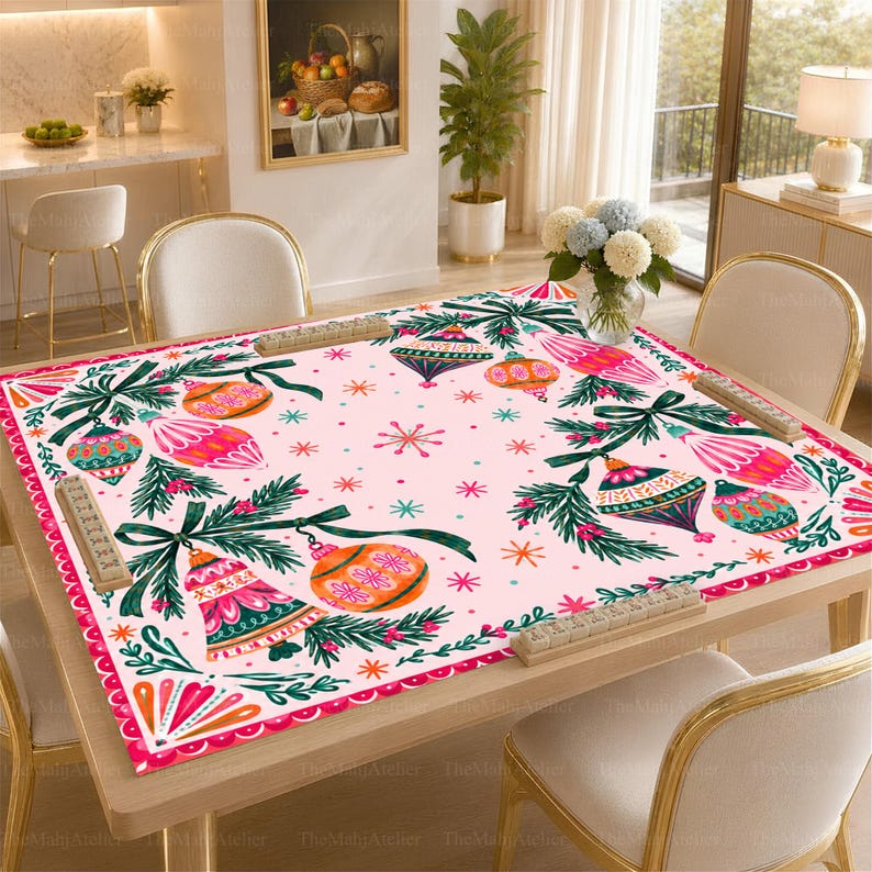 Retro Pink Christmas Ornaments Mahjong Mat, Colorful Baubles & Pine Game Mat, Holiday Mahjong Gift