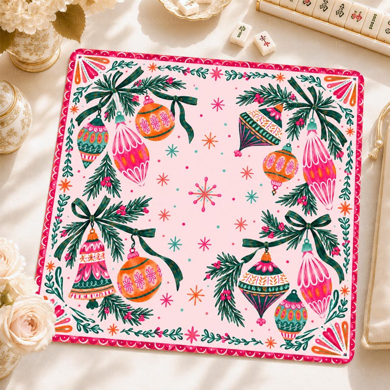 Retro Pink Christmas Ornaments Mahjong Mat, Colorful Baubles & Pine Game Mat, Holiday Mahjong Gift
