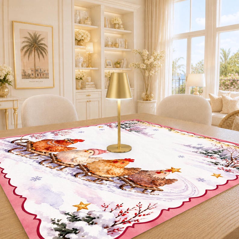 Funny Christmas Chickens Mahjong Mat, Sledding Hens & Snowy Forest Game Mat, Cozy Mahjong Night Gift