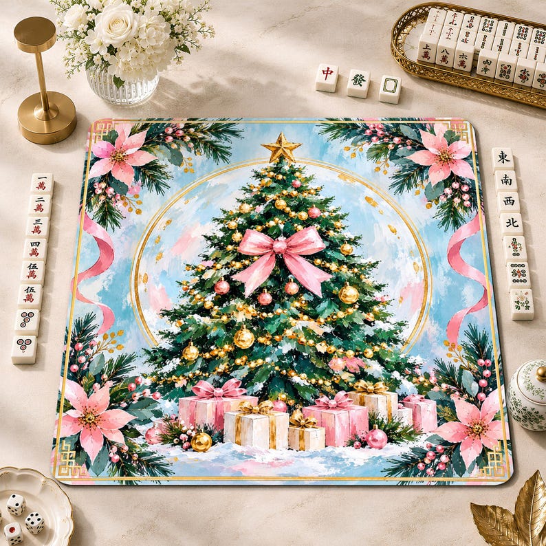 Preppy Pink Christmas Mahjong Mat, Poinsettia Non-Slip Table Cover, Holiday Card Table Mat Gift