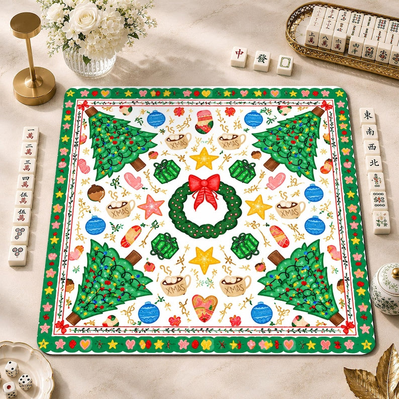 Retro Christmas Wreath Mahjong Mat, Hot Cocoa & Pine Tree Game Mat, Whimsical Holiday Mahjong Gift