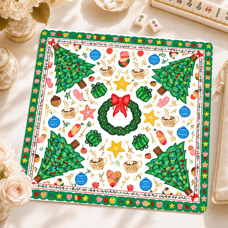 Retro Christmas Wreath Mahjong Mat, Hot Cocoa & Pine Tree Game Mat, Whimsical Holiday Mahjong Gift