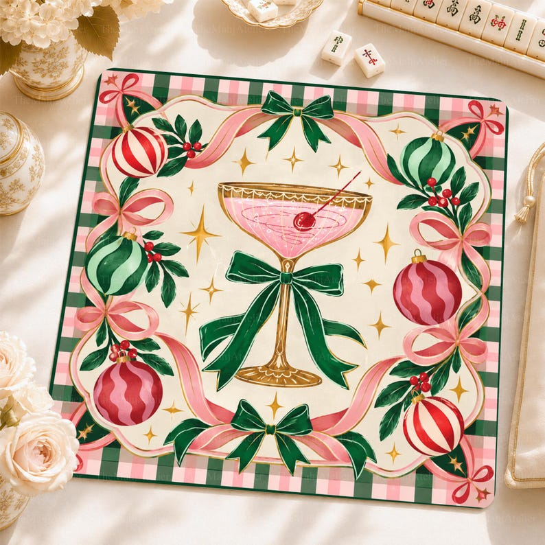 Pink Christmas Cocktail Mahjong Mat, Preppy Green Bow & Gingham Game Mat, Holiday Mahjong Party Gift