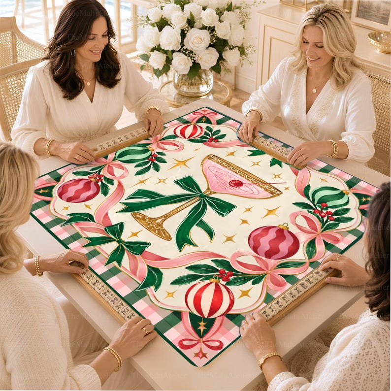 Pink Christmas Cocktail Mahjong Mat, Preppy Green Bow & Gingham Game Mat, Holiday Mahjong Party Gift