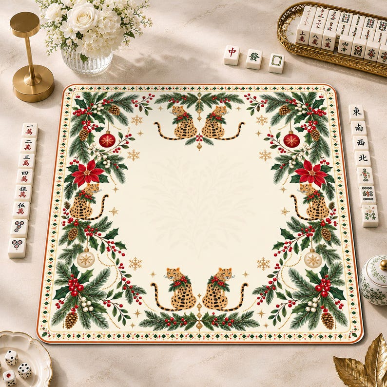 Christmas Leopard Mahjong Mat, Festive Holly & Poinsettia Game Mat, Chic Animal Print Mahjong Gift