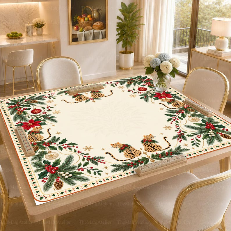 Christmas Leopard Mahjong Mat, Festive Holly & Poinsettia Game Mat, Chic Animal Print Mahjong Gift