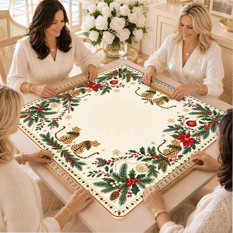 Christmas Leopard Mahjong Mat, Festive Holly & Poinsettia Game Mat, Chic Animal Print Mahjong Gift