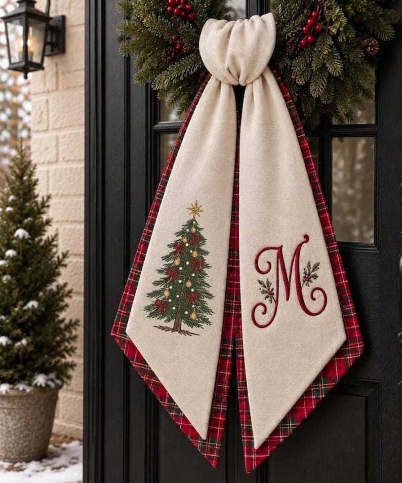 Personalized Christmas Wreath Sash, Embroidered Red Plaid Sash Door Decor, Monogram Christmas Tree Sash