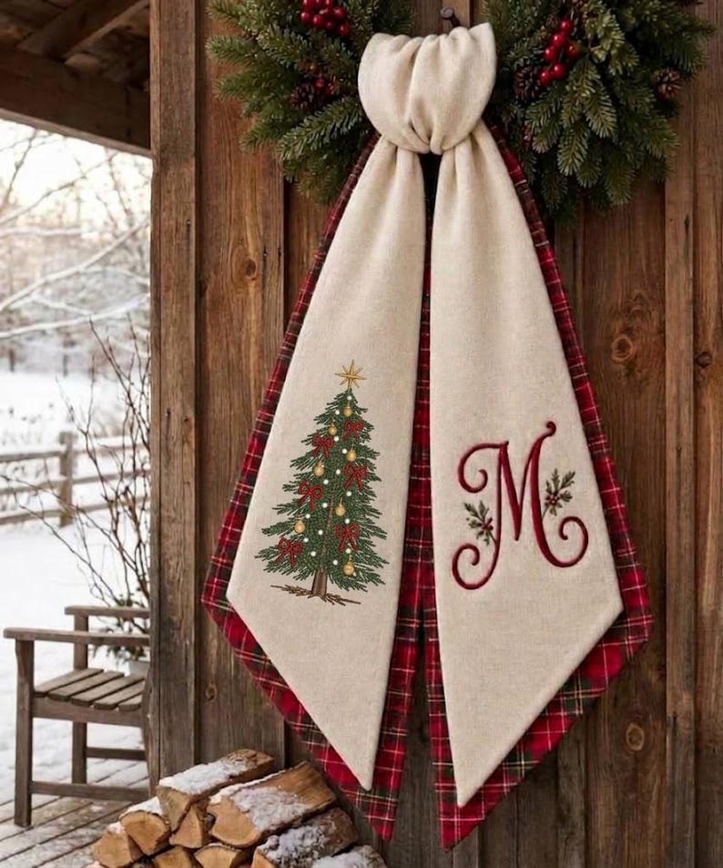 Personalized Christmas Wreath Sash, Embroidered Red Plaid Sash Door Decor, Monogram Christmas Tree Sash