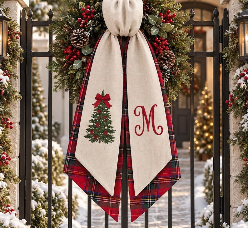 Embroidered Personalized Christmas Bow Tree Wreath Sash, Monogram Letter Embroidered Winter Sash Door Decor