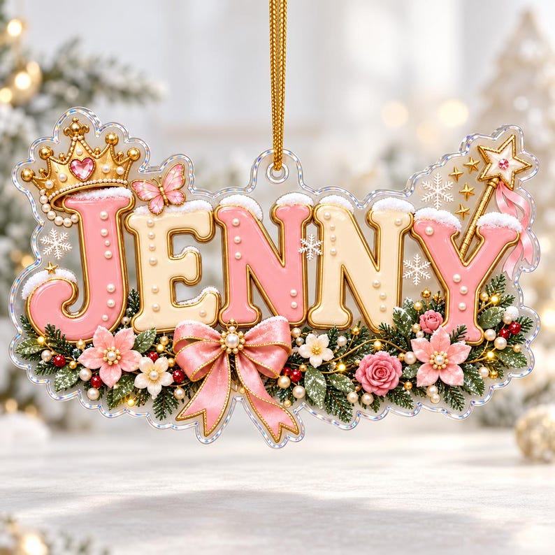 Personalized Princess Christmas Ornament, Custom Name Ornament for Girls, Pink Princess Ornament