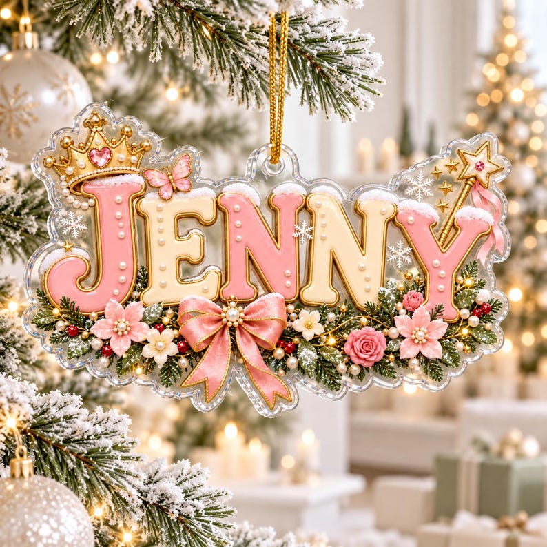 Personalized Princess Christmas Ornament, Custom Name Ornament for Girls, Pink Princess Ornament