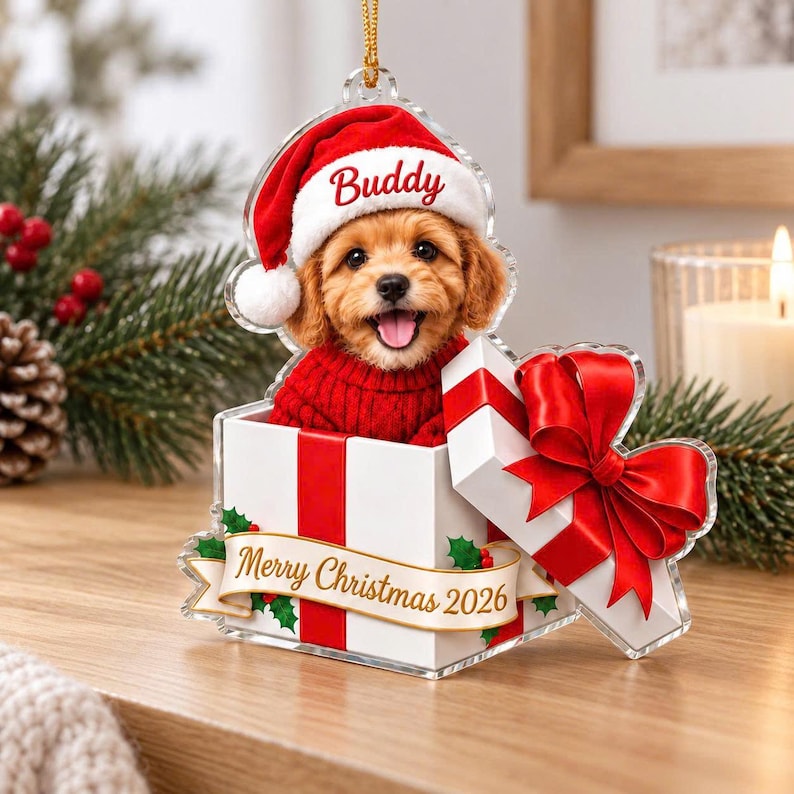 Personalized Pet Photo Christmas Ornament, Custom Dog Name Gift, First Christmas Puppy Pet Lover Keepsake