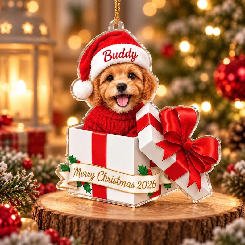 Personalized Pet Photo Christmas Ornament, Custom Dog Name Gift, First Christmas Puppy Pet Lover Keepsake