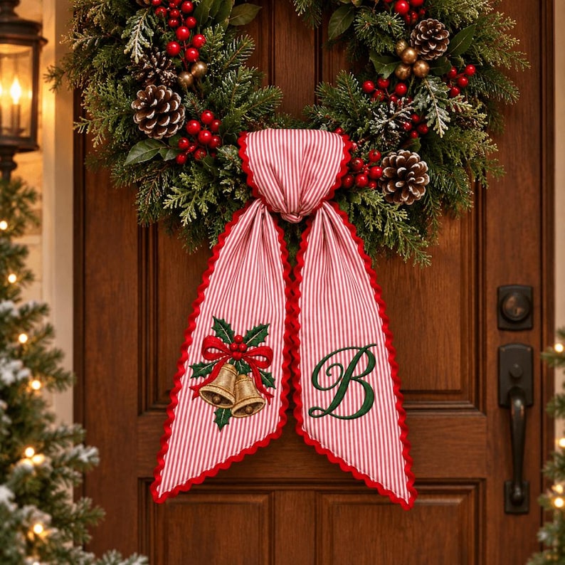 Personalized Embroidery Christmas Wreath Sash, Custom Monogram Tree Bow, Stripe Ribbon Bow Front Porch Decor