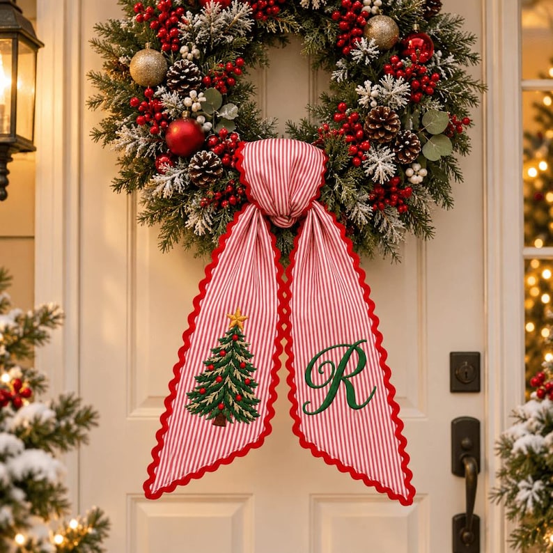 Personalized Embroidery Christmas Wreath Sash, Custom Monogram Tree Bow, Stripe Ribbon Bow Front Porch Decor