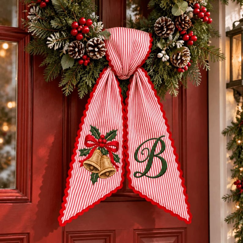 Personalized Embroidery Christmas Wreath Sash, Custom Monogram Tree Bow, Stripe Ribbon Bow Front Porch Decor