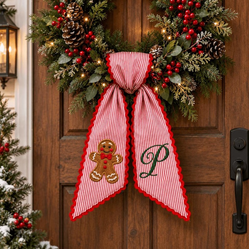 Personalized Embroidery Christmas Wreath Sash, Custom Monogram Tree Bow, Stripe Ribbon Bow Front Porch Decor