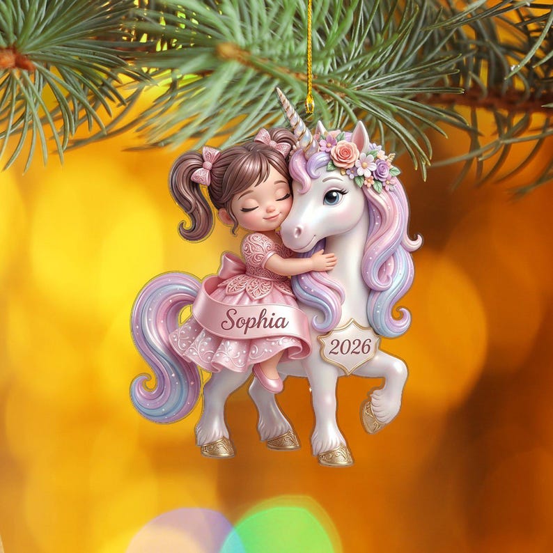 Personalized Unicorn Christmas Ornament, Little Girl Holiday Keepsake, Custom Daughter Tree Decor