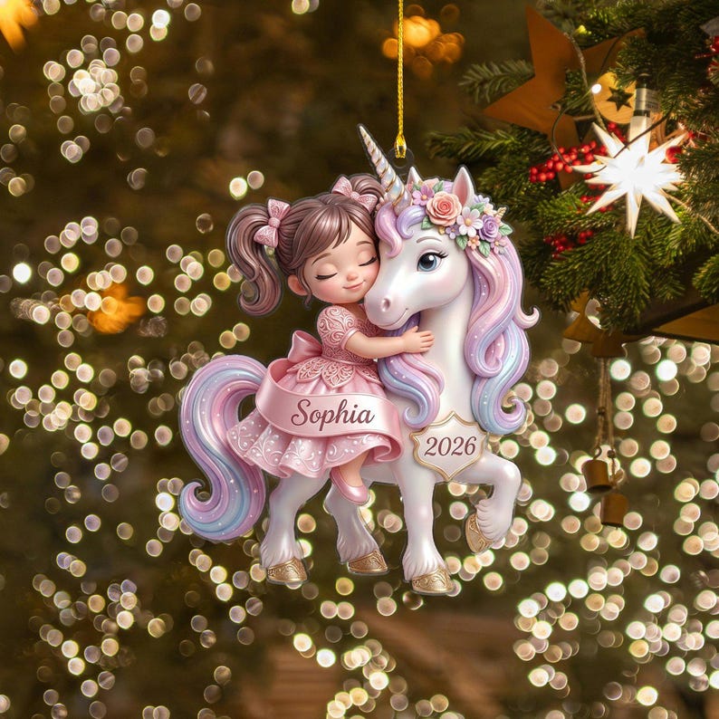 Personalized Unicorn Christmas Ornament, Little Girl Holiday Keepsake, Custom Daughter Tree Decor