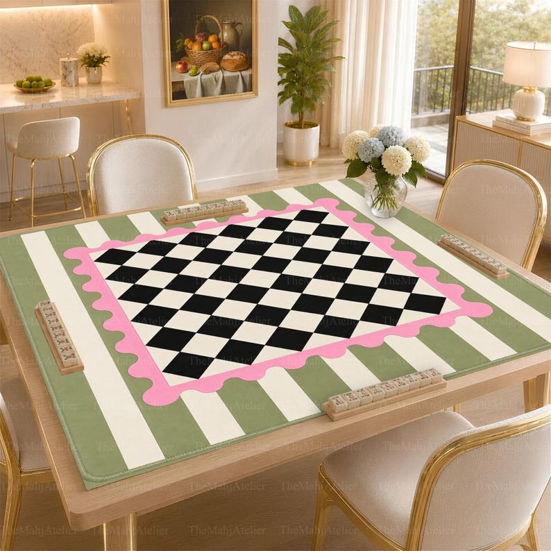 Sage Green & Pink Checkerboard Mahjong Mat, Preppy Scalloped Game Mat, Non-slip Table Cover
