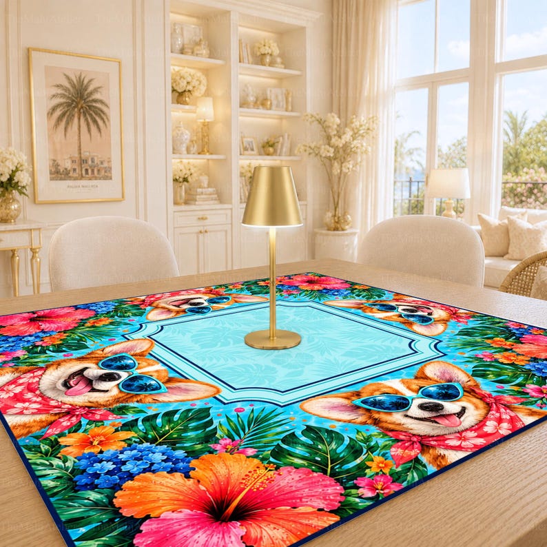 Turquoise Tropical Corgi Mahjong Mat, Hibiscus Floral Game Mat, Non-slip Table Cover