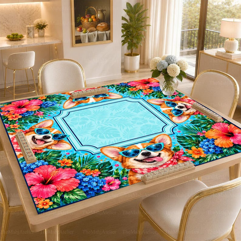 Turquoise Tropical Corgi Mahjong Mat, Hibiscus Floral Game Mat, Non-slip Table Cover
