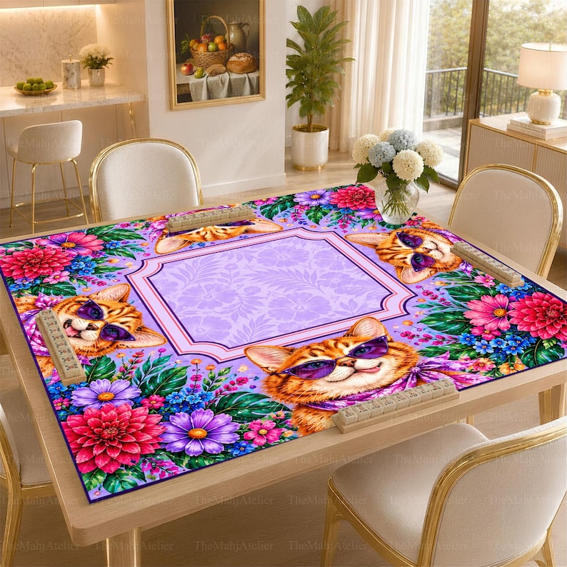 Lavender & Pink Floral Cat Mahjong Mat, Whimsical Kitty Game Mat, Non-slip Table Cover