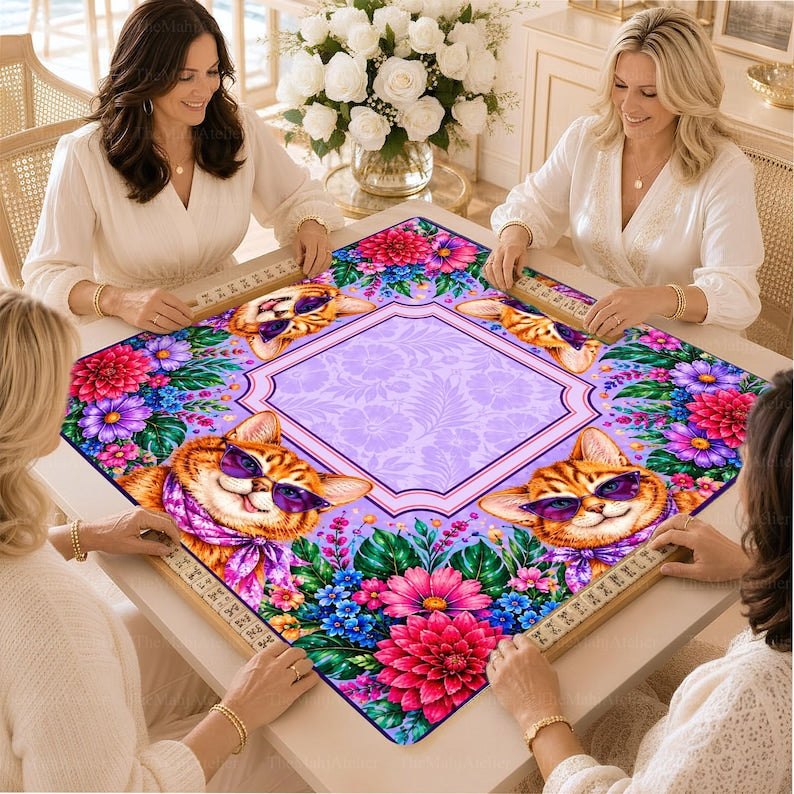 Lavender & Pink Floral Cat Mahjong Mat, Whimsical Kitty Game Mat, Non-slip Table Cover
